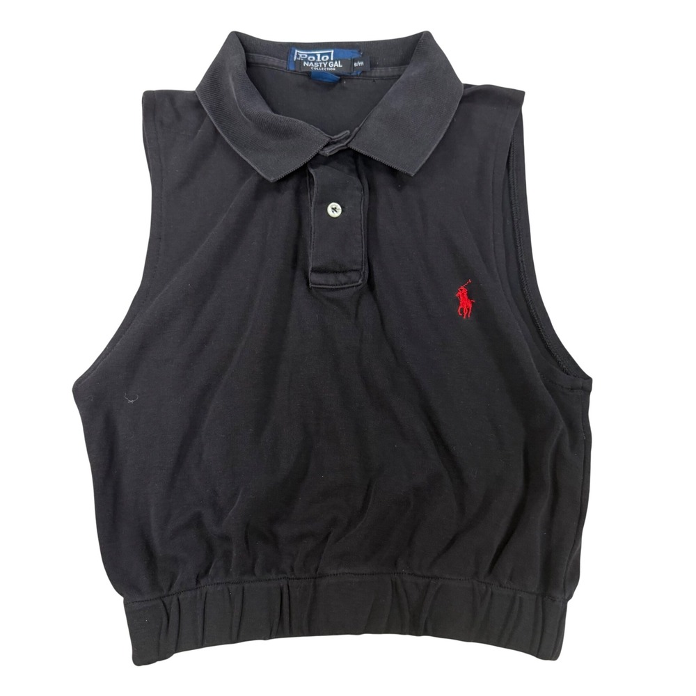 Polo Nasty Gal Collection Black Sleeveless Cropped‎ Polo Shirt Red Pony Size S/M